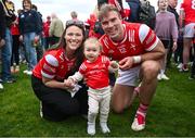 27 April 2025; Conor Grimes of Louth with wife Jayne and their daughter Izzy, aged one, after the Leinster GAA Football Senior Championship semi-final match between Kildare and Louth at Glenisk O'Connor Park in Tullamore, Offaly. Photo by Shauna Clinton/Sportsfile