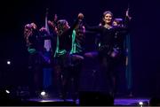 27 April 2025; The Maothail team, including Laura O' Neill, Ciara McCrann, Róisín Kennedy, Ellie O' Carolan, Amy Cosgrove, Hannah Gaffey, Ceadigh Heslin and Layla Murphy, representing Leitrim and Connacht in the Rince Foirne competition during the 2025 Scór Sinsear All-Ireland Finals at the TF Theatre in Castlebar, Mayo. Photo by Shauna Clinton/Sportsfile