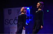 27 April 2025; The Maothail team, including Laura O' Neill, Ciara McCrann, Róisín Kennedy, Ellie O' Carolan, Amy Cosgrove, Hannah Gaffey, Ceadigh Heslin and Layla Murphy, representing Leitrim and Connacht in the Rince Foirne competition during the 2025 Scór Sinsear All-Ireland Finals at the TF Theatre in Castlebar, Mayo. Photo by Shauna Clinton/Sportsfile