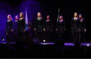 27 April 2025; The Maothail team, including Laura O' Neill, Ciara McCrann, Róisín Kennedy, Ellie O' Carolan, Amy Cosgrove, Hannah Gaffey, Ceadigh Heslin and Layla Murphy, representing Leitrim and Connacht in the Rince Foirne competition during the 2025 Scór Sinsear All-Ireland Finals at the TF Theatre in Castlebar, Mayo. Photo by Shauna Clinton/Sportsfile