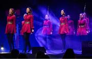 27 April 2025; The Craobh Chomhartha An Mhainistir team, including Órla Byrnes, Niamh Murphy, Heather Byrnes, Aoife Gilmartin, Sara Gilmartin, Ella Wojnar, Róisín Musgrave and Emily Bourke, representing Limerick and Munster in the Rince Foirne competition during the 2025 Scór Sinsear All-Ireland Finals at the TF Theatre in Castlebar, Mayo. Photo by Shauna Clinton/Sportsfile