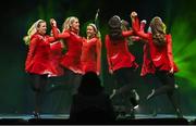 27 April 2025; The Biorra team, including Tara Seguin, Sarah Cooke, Eimear Teehan, Kathy Dermody, Aoife Gilligan, Gráinne Nolan, Aoife Maher, Sarah Teehan and Amy Ryan, representing Offaly and Leinster, in the Rince Foirne competition during the 2025 Scór Sinsear All-Ireland Finals at the TF Theatre in Castlebar, Mayo. Photo by Shauna Clinton/Sportsfile