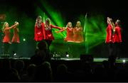 27 April 2025; The Biorra team, including Tara Seguin, Sarah Cooke, Eimear Teehan, Kathy Dermody, Aoife Gilligan, Gráinne Nolan, Aoife Maher, Sarah Teehan and Amy Ryan, representing Offaly and Leinster, in the Rince Foirne competition during the 2025 Scór Sinsear All-Ireland Finals at the TF Theatre in Castlebar, Mayo. Photo by Shauna Clinton/Sportsfile