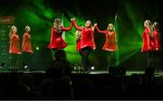 27 April 2025; The Biorra team, including Tara Seguin, Sarah Cooke, Eimear Teehan, Kathy Dermody, Aoife Gilligan, Gráinne Nolan, Aoife Maher, Sarah Teehan and Amy Ryan, representing Offaly and Leinster, in the Rince Foirne competition during the 2025 Scór Sinsear All-Ireland Finals at the TF Theatre in Castlebar, Mayo. Photo by Shauna Clinton/Sportsfile