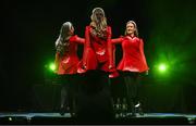 27 April 2025; The Biorra team, including Tara Seguin, Sarah Cooke, Eimear Teehan, Kathy Dermody, Aoife Gilligan, Gráinne Nolan, Aoife Maher, Sarah Teehan and Amy Ryan, representing Offaly and Leinster, in the Rince Foirne competition during the 2025 Scór Sinsear All-Ireland Finals at the TF Theatre in Castlebar, Mayo. Photo by Shauna Clinton/Sportsfile