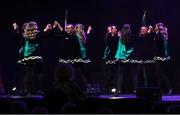 27 April 2025; The Ualtair Uí Ghreacháin, An Gleann team, including Katie Strathern, Clara McNally, Catherine McKenna, Codie Kelly, Kate McCloskey, Caoimhe McLaughlin, Kate Marron and Clare Gunning, representing Derry and Ulster in the Rince Foirne competition during the 2025 Scór Sinsear All-Ireland Finals at the TF Theatre in Castlebar, Mayo. Photo by Shauna Clinton/Sportsfile