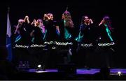 27 April 2025; The Ualtair Uí Ghreacháin, An Gleann team, including Katie Strathern, Clara McNally, Catherine McKenna, Codie Kelly, Kate McCloskey, Caoimhe McLaughlin, Kate Marron and Clare Gunning, representing Derry and Ulster in the Rince Foirne competition during the 2025 Scór Sinsear All-Ireland Finals at the TF Theatre in Castlebar, Mayo. Photo by Shauna Clinton/Sportsfile