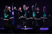 27 April 2025; The Ualtair Uí Ghreacháin, An Gleann team, including Katie Strathern, Clara McNally, Catherine McKenna, Codie Kelly, Kate McCloskey, Caoimhe McLaughlin, Kate Marron and Clare Gunning, representing Derry and Ulster in the Rince Foirne competition during the 2025 Scór Sinsear All-Ireland Finals at the TF Theatre in Castlebar, Mayo. Photo by Shauna Clinton/Sportsfile
