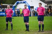 27 April 2025; Referee Ian Thompson, centre, with assistants Jason Teahan, left, and Ciaran O'Flynn before the Bank of Ireland Provincial Towns Cup final match between Athy RFC and County Carlow FC at Forenaughts in Naas, Kildare. Photo by Seb Daly/Sportsfile
