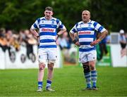 27 April 2025; Athy players Kevin Downey, left, and Teodor Ciobanu during the Bank of Ireland Provincial Towns Cup final match between Athy RFC and County Carlow FC at Forenaughts in Naas, Kildare. Photo by Seb Daly/Sportsfile