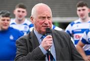 27 April 2025; MC Dermot O’Mahony speaking after the Bank of Ireland Provincial Towns Cup final match between Athy RFC and County Carlow FC at Forenaughts in Naas, Kildare. Photo by Seb Daly/Sportsfile