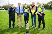 27 April 2025; Members of An Garda Síochána, from left, Garda Richard Oxley, Superintendent Oliver Henry of Naas Gardai, Garda Robyn McGibney, Conor Brophy of Naas RFC, and Garda Cian O'Longaigh, before the Bank of Ireland Provincial Towns Cup final match between Athy RFC and County Carlow RFC at Forenaughts in Naas, Kildare. Photo by Seb Daly/Sportsfile