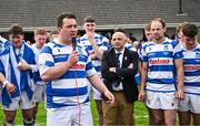 27 April 2025; Athy captain Tadgh Foley speaking after the Bank of Ireland Provincial Towns Cup final match between Athy RFC and County Carlow FC at Forenaughts in Naas, Kildare. Photo by Seb Daly/Sportsfile