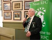 27 April 2025; Naas RFC president Gerry Prendergast speaking before the Bank of Ireland Provincial Towns Cup final match between Athy RFC and County Carlow FC at Forenaughts in Naas, Kildare. Photo by Seb Daly/Sportsfile
