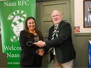 27 April 2025; County Carlow FC president Muireann O’Toole Brennan is presented with a tie by Naas RFC president Gerry Prendergast before the Bank of Ireland Provincial Towns Cup final match between Athy RFC and County Carlow FC at Forenaughts in Naas, Kildare. Photo by Seb Daly/Sportsfile