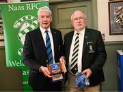 27 April 2025; Leinster Branch president Declan Gardiner presents a tie to Naas RFC president Gerry Prendergast before the Bank of Ireland Provincial Towns Cup final match between Athy RFC and County Carlow FC at Forenaughts in Naas, Kildare. Photo by Seb Daly/Sportsfile