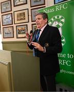 27 April 2025; Leinster Rugby junior vice president Ciaran O’Brien speaking before the Bank of Ireland Provincial Towns Cup final match between Athy RFC and County Carlow FC at Forenaughts in Naas, Kildare. Photo by Seb Daly/Sportsfile