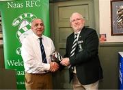 27 April 2025; Athy RFC president Ger Brennan is presented with a tie by Naas RFC president Gerry Prendergast before the Bank of Ireland Provincial Towns Cup final match between Athy RFC and County Carlow FC at Forenaughts in Naas, Kildare. Photo by Seb Daly/Sportsfile