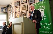27 April 2025; Leinster Branch president Declan Gardiner speaking before the Bank of Ireland Provincial Towns Cup final match between Athy RFC and County Carlow FC at Forenaughts in Naas, Kildare. Photo by Seb Daly/Sportsfile