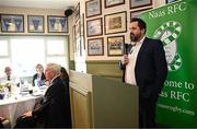 27 April 2025; Gavin Leech, Bank of Ireland, speaking before the Bank of Ireland Provincial Towns Cup final match between Athy RFC and County Carlow FC at Forenaughts in Naas, Kildare. Photo by Seb Daly/Sportsfile