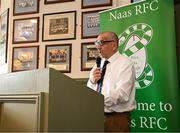 27 April 2025; Athy RFC president Ger Brennan speaking before the Bank of Ireland Provincial Towns Cup final match between Athy RFC and County Carlow FC at Forenaughts in Naas, Kildare. Photo by Seb Daly/Sportsfile