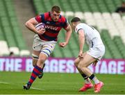 27 April 2025; Jim Peters of Clontarf in action against Matthew Bowen of Cork Constitution during the Energia All-Ireland League Men's Division 1A final match between Clontarf and Cork Constitution at the Aviva Stadium in Dublin. Photo by Matt Browne/Sportsfile
