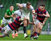 27 April 2025; Niall Kenneally of Cork Constitution is tackled by Callum Smith of Clontarf during the Energia All-Ireland League Men's Division 1A final match between Clontarf and Cork Constitution at the Aviva Stadium in Dublin. Photo by Matt Browne/Sportsfile