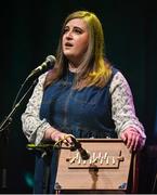 27 April 2025; Aoife Maguire representing Dublin and Leinster in the Amhránaíocht Aonair competition during the 2025 Scór Sinsear All-Ireland Finals at the TF Theatre in Castlebar, Mayo. Photo by Shauna Clinton/Sportsfile