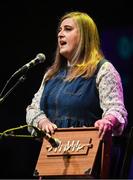 27 April 2025; Aoife Maguire representing Dublin and Leinster in the Amhránaíocht Aonair competition during the 2025 Scór Sinsear All-Ireland Finals at the TF Theatre in Castlebar, Mayo. Photo by Shauna Clinton/Sportsfile