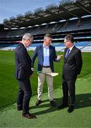 28 April 2025; GAA National Head of Hurling William Maher, centre, with Uachtarán Chumann Lúthchleas Gael Jarlath Burns, left, and Ard Stiúrthóir of the GAA Tom Ryan after a media conference at Croke Park in Dublin. Photo by Piaras Ó Mídheach/Sportsfile