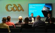 28 April 2025; GAA National Head of Hurling William Maher, left, and GAA President Jarlath Burns in attendance media conference at Croke Park in Dublin. Photo by Piaras Ó Mídheach/Sportsfile