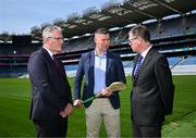 28 April 2025; GAA National Head of Hurling William Maher, centre, with Uachtarán Chumann Lúthchleas Gael Jarlath Burns, left, and Ard Stiúrthóir of the GAA Tom Ryan after a media conference at Croke Park in Dublin. Photo by Piaras Ó Mídheach/Sportsfile