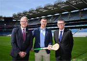 28 April 2025; GAA National Head of Hurling William Maher, centre, with Uachtarán Chumann Lúthchleas Gael Jarlath Burns, left, and Ard Stiúrthóir of the GAA Tom Ryan after a media conference at Croke Park in Dublin. Photo by Piaras Ó Mídheach/Sportsfile