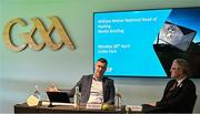 28 April 2025; GAA National Head of Hurling William Maher, left, and GAA President Jarlath Burns in attendance media conference at Croke Park in Dublin. Photo by Piaras Ó Mídheach/Sportsfile