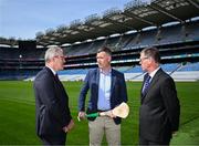 28 April 2025; GAA National Head of Hurling William Maher, centre, with Uachtarán Chumann Lúthchleas Gael Jarlath Burns, left, and Ard Stiúrthóir of the GAA Tom Ryan after a media conference at Croke Park in Dublin. Photo by Piaras Ó Mídheach/Sportsfile
