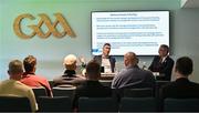 28 April 2025; GAA National Head of Hurling William Maher, left, and GAA President Jarlath Burns in attendance media conference at Croke Park in Dublin. Photo by Piaras Ó Mídheach/Sportsfile