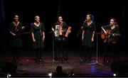 27 April 2025; The Raonaithe Chairbre team, including Elaine Moore, Isabelle Moore, Sinéad O’Regan, Claire O’Regan and Catriona Collins, representing Cork and Munster in the Bailéad-Ghrúpa competition during the 2025 Scór Sinsear All-Ireland Finals at the TF Theatre in Castlebar, Mayo. Photo by Shauna Clinton/Sportsfile