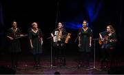 27 April 2025; The Raonaithe Chairbre team, including Elaine Moore, Isabelle Moore, Sinéad O’Regan, Claire O’Regan and Catriona Collins, representing Cork and Munster in the Bailéad-Ghrúpa competition during the 2025 Scór Sinsear All-Ireland Finals at the TF Theatre in Castlebar, Mayo. Photo by Shauna Clinton/Sportsfile