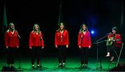 27 April 2025; The Carraig an Chropán team, including Geraldine McLoughlin, Orla Treanor, Blánaid McGivern, Ciara Garvey and Shannon Lavelle, representing Armagh and Ulster in the Bailéad-Ghrúpa competition during the 2025 Scór Sinsear All-Ireland Finals at the TF Theatre in Castlebar, Mayo. Photo by Shauna Clinton/Sportsfile