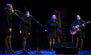 27 April 2025; The Baile Uí Chumaoil team, including Bláthnaid Daly, Zara Geraghty, Clíodhna Daly, Aoibhínn Dolan and Naomi Fitzpatrick, representing Westmeath and Leinster in the Bailéad-Ghrúpa competition during the 2025 Scór Sinsear All-Ireland Finals at the TF Theatre in Castlebar, Mayo. Photo by Shauna Clinton/Sportsfile