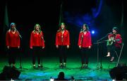 27 April 2025; The Carraig an Chropán team, including Geraldine McLoughlin, Orla Treanor, Blánaid McGivern, Ciara Garvey and Shannon Lavelle, representing Armagh and Ulster in the Bailéad-Ghrúpa competition during the 2025 Scór Sinsear All-Ireland Finals at the TF Theatre in Castlebar, Mayo. Photo by Shauna Clinton/Sportsfile