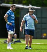 28 April 2025; Jack Conan, left, and assistant coach Robin McBryde during Leinster rugby squad training at UCD in Dublin. Photo by Brendan Moran/Sportsfile