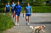 28 April 2025; Ciarán Frawley, left, and Jimmy O'Brien arrive for Leinster rugby squad training at UCD in Dublin. Photo by Brendan Moran/Sportsfile