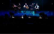 27 April 2025; The Droim Leathan team, including Aideen Burns, CJ Burns, Oisín Flynn, Céire Flynn and Niamh Brady, representing Cavan and Ulster in the Ceol Uirlise competition during the 2025 Scór Sinsear All-Ireland Finals at the TF Theatre in Castlebar, Mayo. Photo by Shauna Clinton/Sportsfile