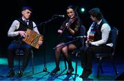 27 April 2025; The Droim Leathan team, including Aideen Burns, CJ Burns, Oisín Flynn, Céire Flynn and Niamh Brady, representing Cavan and Ulster in the Ceol Uirlise competition during the 2025 Scór Sinsear All-Ireland Finals at the TF Theatre in Castlebar, Mayo. Photo by Shauna Clinton/Sportsfile
