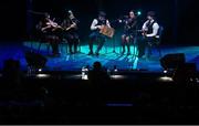 27 April 2025; The Droim Leathan team, including Aideen Burns, CJ Burns, Oisín Flynn, Céire Flynn and Niamh Brady, representing Cavan and Ulster in the Ceol Uirlise competition during the 2025 Scór Sinsear All-Ireland Finals at the TF Theatre in Castlebar, Mayo. Photo by Shauna Clinton/Sportsfile