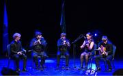 27 April 2025; The An Gharbhchoill team, including James Hosey, Diarmuid O'Neill, Cillian O'Rourke, Sonny Cahill and Aisling Joyce, representing Carlow and Leinter in the Ceol Uirlise competition during the 2025 Scór Sinsear All-Ireland Finals at the TF Theatre in Castlebar, Mayo. Photo by Shauna Clinton/Sportsfile