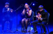 27 April 2025; The An Gharbhchoill team, including James Hosey, Diarmuid O'Neill, Cillian O'Rourke, Sonny Cahill and Aisling Joyce, representing Carlow and Leinter in the Ceol Uirlise competition during the 2025 Scór Sinsear All-Ireland Finals at the TF Theatre in Castlebar, Mayo. Photo by Shauna Clinton/Sportsfile