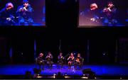 27 April 2025; The An Gharbhchoill team, including James Hosey, Diarmuid O'Neill, Cillian O'Rourke, Sonny Cahill and Aisling Joyce, representing Carlow and Leinter in the Ceol Uirlise competition during the 2025 Scór Sinsear All-Ireland Finals at the TF Theatre in Castlebar, Mayo. Photo by Shauna Clinton/Sportsfile