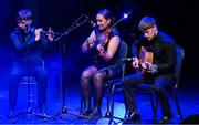 27 April 2025; The An Gharbhchoill team, including James Hosey, Diarmuid O'Neill, Cillian O'Rourke, Sonny Cahill and Aisling Joyce, representing Carlow and Leinter in the Ceol Uirlise competition during the 2025 Scór Sinsear All-Ireland Finals at the TF Theatre in Castlebar, Mayo. Photo by Shauna Clinton/Sportsfile